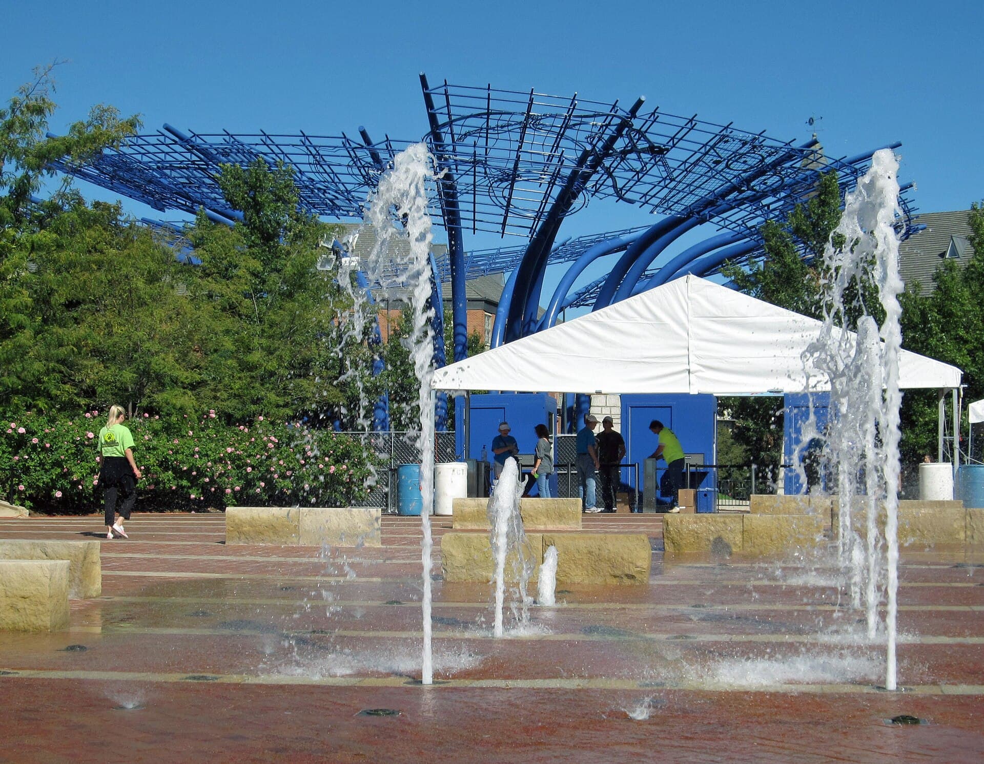 Fountains and the Blueprints sculpture at Addison Circle Park