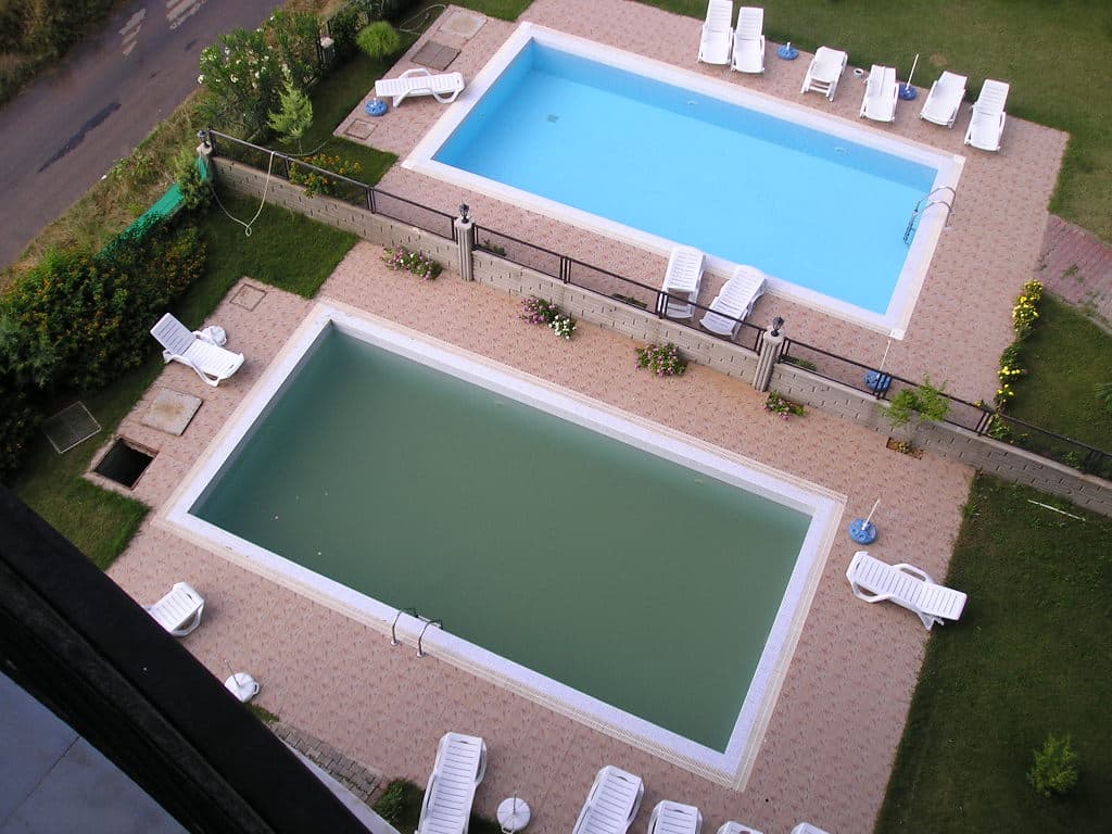 Aerial view of a green algae-affected swimming pool